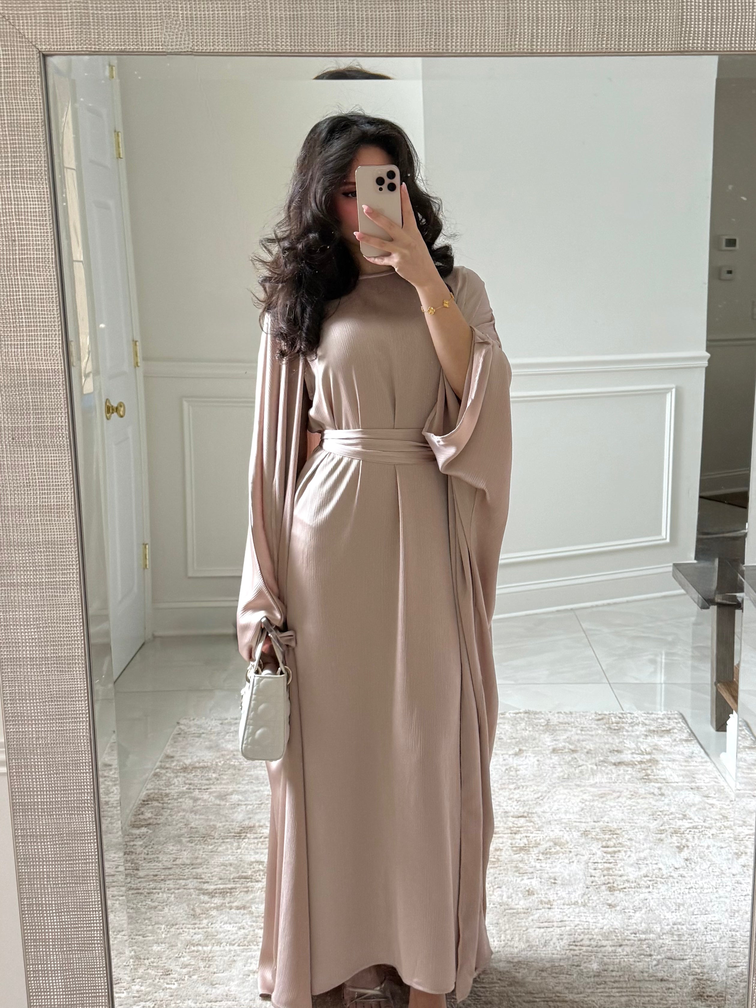 green emerald velvet dress Humaira 3 Piece Abaya Set in Yellow Gold Organza Luxurious Kaftan with Inner Dress, Scarf L